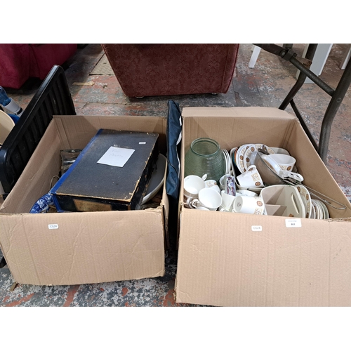 863 - Two boxes containing Royal Vale bone china, Astbury bone china, glassware etc.