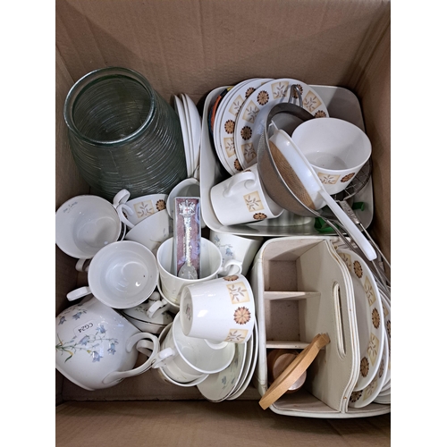 863 - Two boxes containing Royal Vale bone china, Astbury bone china, glassware etc.