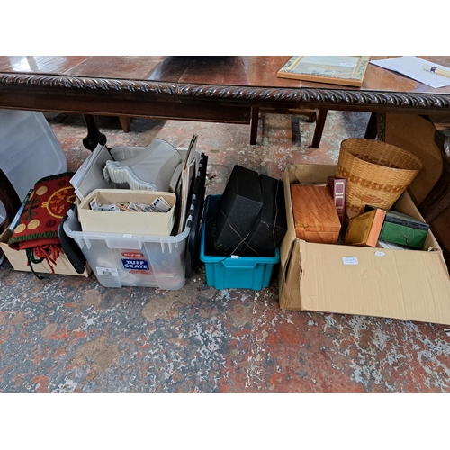 864A - Seven boxes containing ceramics, collectors cards, Oriental ceramic vase, glassware etc.