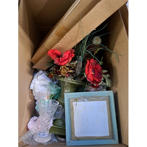 869 - Two boxes and one suitcase containing quartz mantel clock, ceramics, artificial flowers etc.