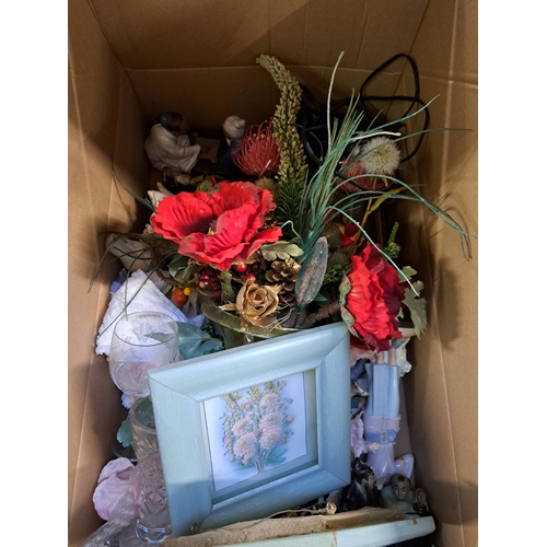 869 - Two boxes and one suitcase containing quartz mantel clock, ceramics, artificial flowers etc.