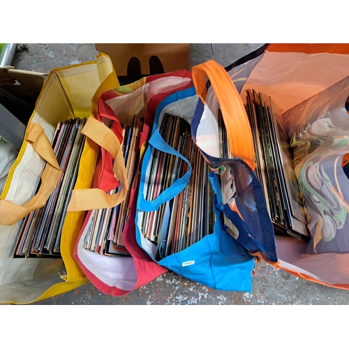 872 - Six bags and three boxes containing vinyl records, CDs and DVDs