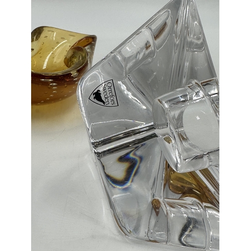 301 - Three pieces of glassware, one Orrefors Sweden triangular tealight holder, one Murano Sommerso ashtr... 