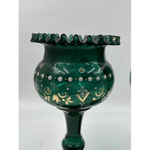 313 - A pair of Victorian green glass lustre vases - approx. 25cm high