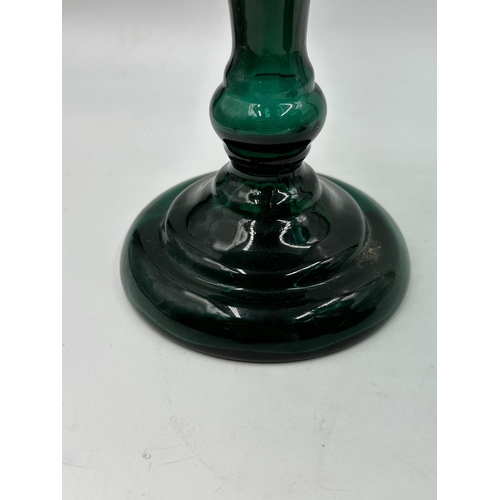 313 - A pair of Victorian green glass lustre vases - approx. 25cm high