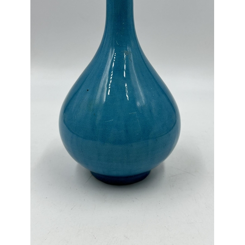 318 - A believed Japanese Awaji pale blue glazed pottery bottle neck vase - approx. 24cm high