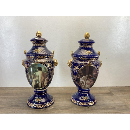 344 - A pair of Victorian style cobalt blue and gilded transfer printed twin handled jars and covers - app... 