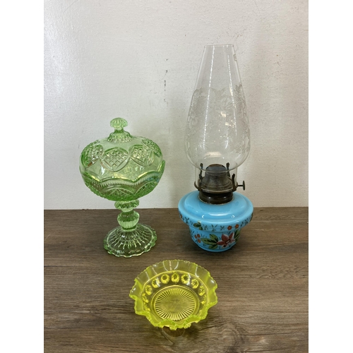 361 - A collection of glassware to include Victorian cranberry footed bowl, uranium glass dish etc.