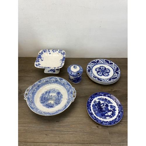 370 - A collection of blue and white to include John Maddock & Sons pedestal bowl, Victorian Ware ironston... 