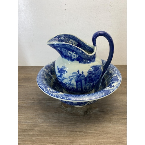 370 - A collection of blue and white to include John Maddock & Sons pedestal bowl, Victorian Ware ironston... 