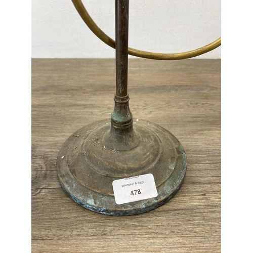 478 - An early 20th century French brass table lamp with frosted bell flower shaped shade - approx. 47cm h... 