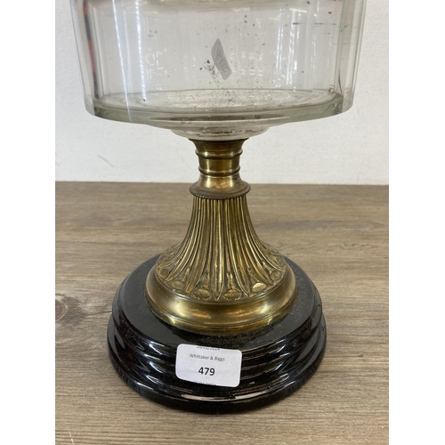 479 - A Victorian Duplex brass and clear glass converted electric oil lamp with acid etched spherical shad... 