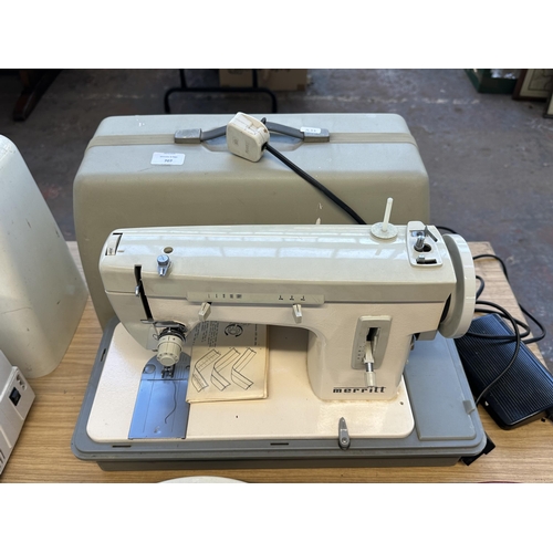 707 - A cased Merritt 159 electric sewing machine with foot pedal and instruction manual