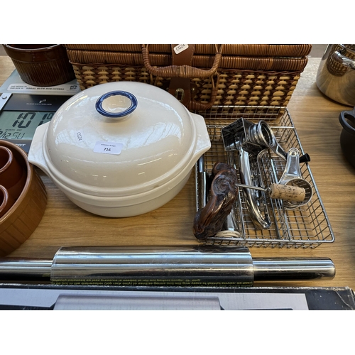 716 - A collection of items to include wicker picnic basket with contents, Ascot digital thermometer, boxe... 