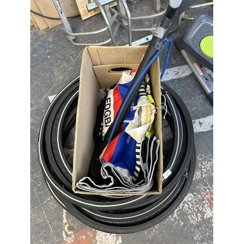 739 - A collection of cycling equipment to include a pair of Specialized Mondo 700 x 23C tyres, pair of Vi... 