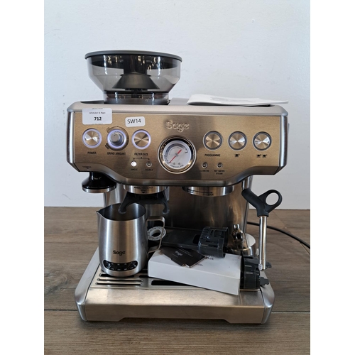 712 - A Sage The Barista Express BES875 brushed stainless steel coffee machine with accessories and instru... 