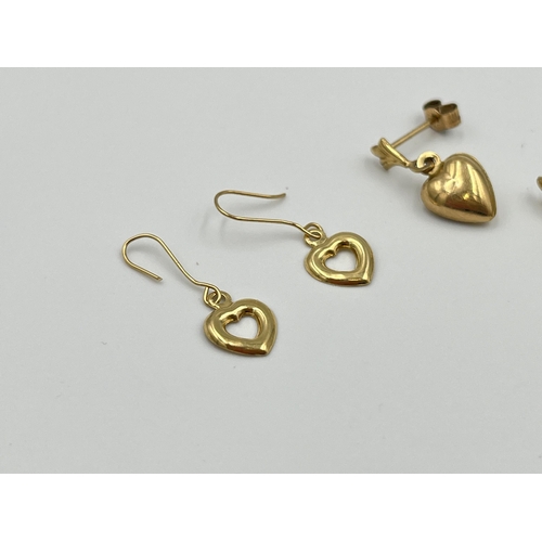 2009 - Three pairs of gold earrings, two 9ct - approx. 1.7g and one 18ct heart shaped - approx. 0.3g