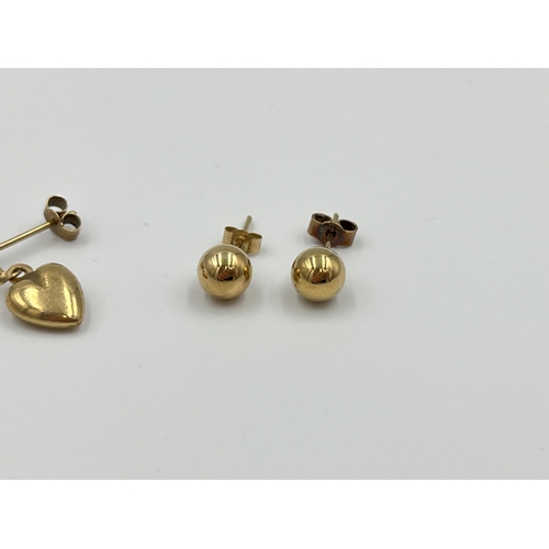 2009 - Three pairs of gold earrings, two 9ct - approx. 1.7g and one 18ct heart shaped - approx. 0.3g