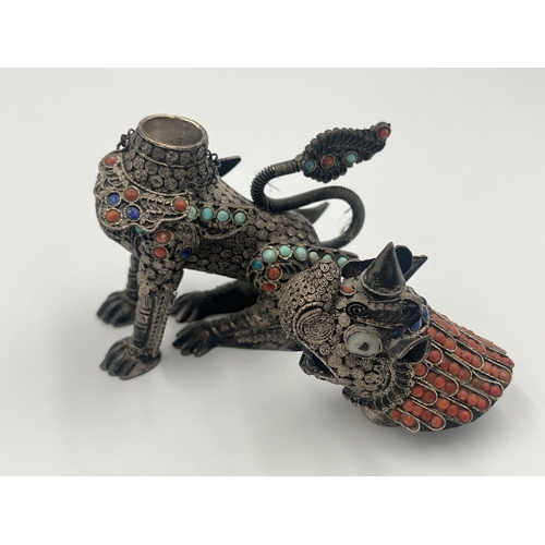 2140 - A Burmese .925 silver filigree chinthe figurine with inset coral and turquoise decoration