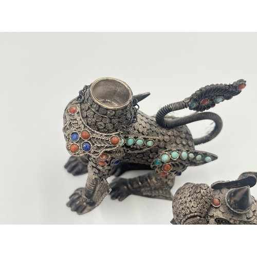 2140 - A Burmese .925 silver filigree chinthe figurine with inset coral and turquoise decoration