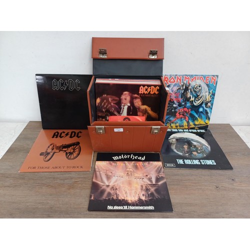 666 - A record case containing vinyl records to include ACϟDC, Iron Maiden, Motörhead, The Rolling Stones,... 