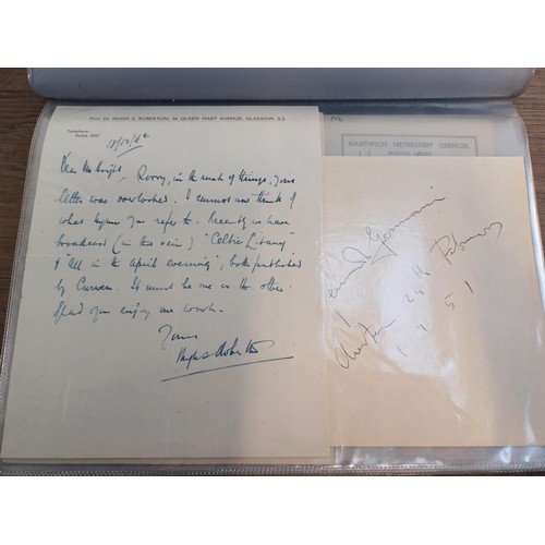 671 - Two folders containing signed items to include Frank Sinatra, Mae West, Peter Cushing, Peggy Mount, ... 