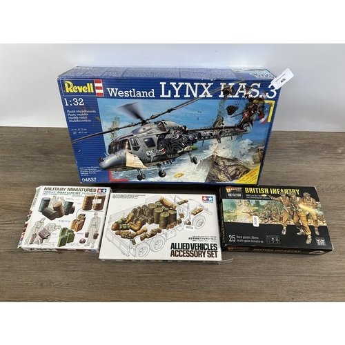 406 - Four model making kits, Revell Westland Lynx Has.3, Warlord Games British Infantry, Tamiya Military ... 