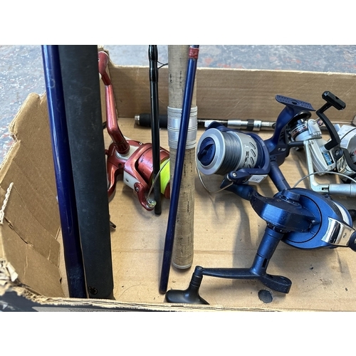 747 - Eight pieces of fishing equipment, three rods and five reels