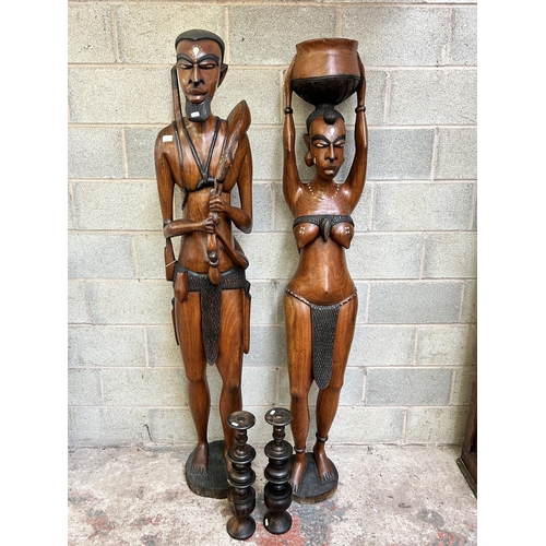 3 - Two Senegalese carved hardwood life sized tribal statues - approx. 192cm high and two carved hardwoo... 