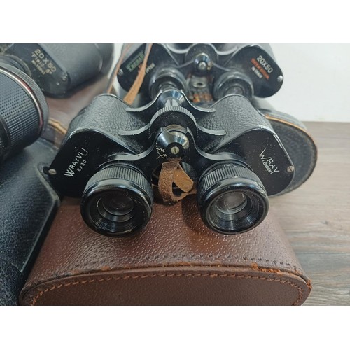 586 - Seven pairs of binoculars to include Selfridges 8 x 30, Wray Wrayvu 8 x 30, Tasco 12 x 50, Oculus 20... 