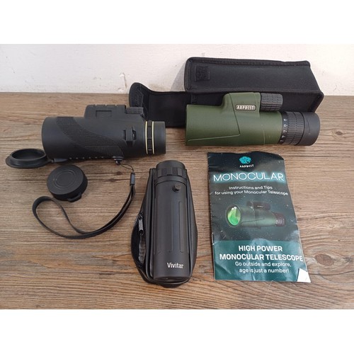 589 - Three monoculars to include cased Arpbest waterproof 25 x 50, Vivitar PV Series 10 x 25 etc.