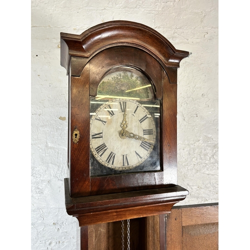 1 - A Georgian mahogany cased grandfather clock with later added hand painted enamel face and brass lion... 