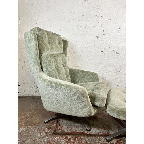 132 - A mid 20th century green floral fabric upholstered swivel armchair and stool