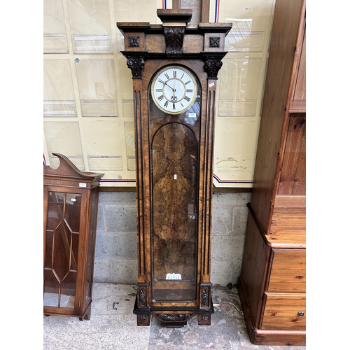 A Victorian walnut and ebony cased Vienna wall clock with pendulum, key and weight - approx. 180cm high x 52cm wide x 22cm deep