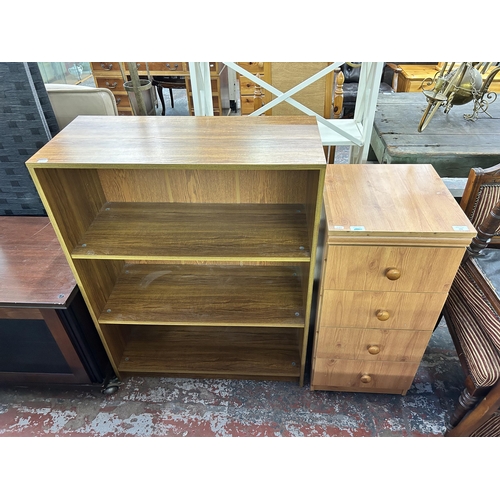 193 - Four pieces of furniture, pine effect chest of drawers, teak effect three tier bookcase, walnut effe... 