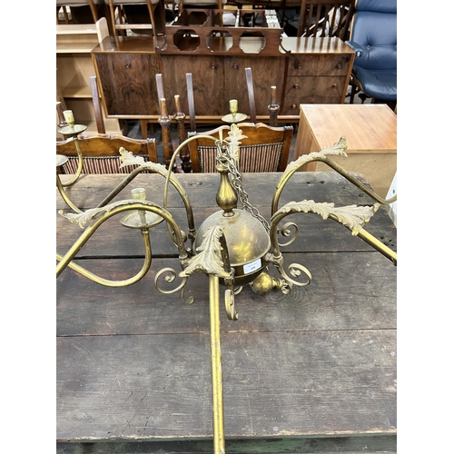 208 - A pair of 19th century style brass six branch chandeliers with acanthus leaf design - approx. 120cm ... 