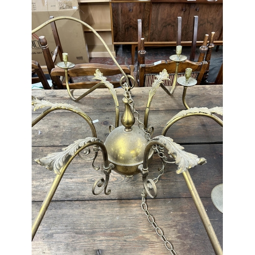 208 - A pair of 19th century style brass six branch chandeliers with acanthus leaf design - approx. 120cm ... 