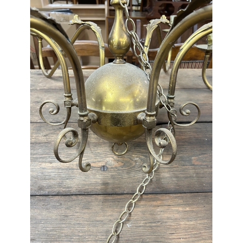 208 - A pair of 19th century style brass six branch chandeliers with acanthus leaf design - approx. 120cm ... 