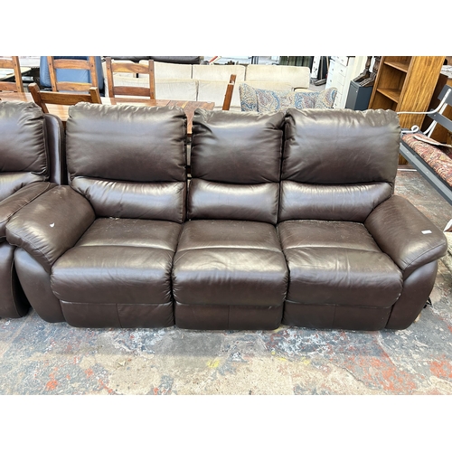 256 - A La-Z-Boy brown leather two piece lounge suite comprising electric reclining three seater sofa and ... 