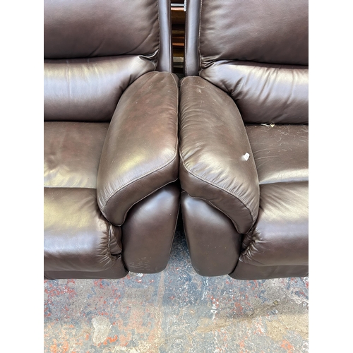 256 - A La-Z-Boy brown leather two piece lounge suite comprising electric reclining three seater sofa and ... 