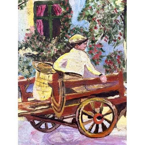 265 - A framed oil on board of a horse and cart scene, by Edith Heyes 1980 - approx. 36cm high x 44cm wide