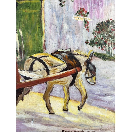 265 - A framed oil on board of a horse and cart scene, by Edith Heyes 1980 - approx. 36cm high x 44cm wide