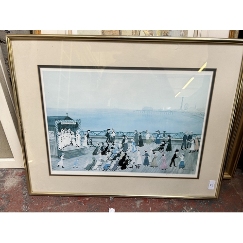 266 - Nine framed pictures and mirrors to include Helen Bradley pencil signed print, E. R. Sturgeon 'The W... 