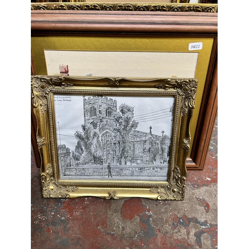 268 - A collection of pictures and frames to include photograph of Astbury, oil on canvas of a harbour sce... 