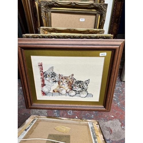 268 - A collection of pictures and frames to include photograph of Astbury, oil on canvas of a harbour sce... 