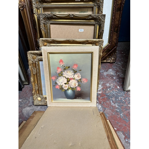 268 - A collection of pictures and frames to include photograph of Astbury, oil on canvas of a harbour sce... 