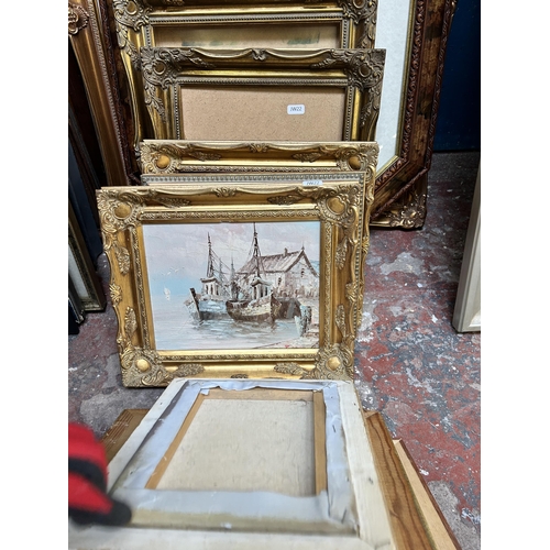 268 - A collection of pictures and frames to include photograph of Astbury, oil on canvas of a harbour sce... 