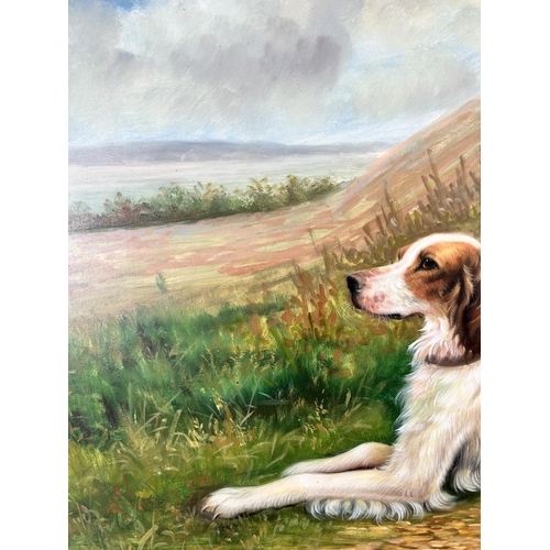 269 - A gilt framed oil on canvas of two German Longhaired Pointers, by Roy Grant - approx. 75cm high x 10... 