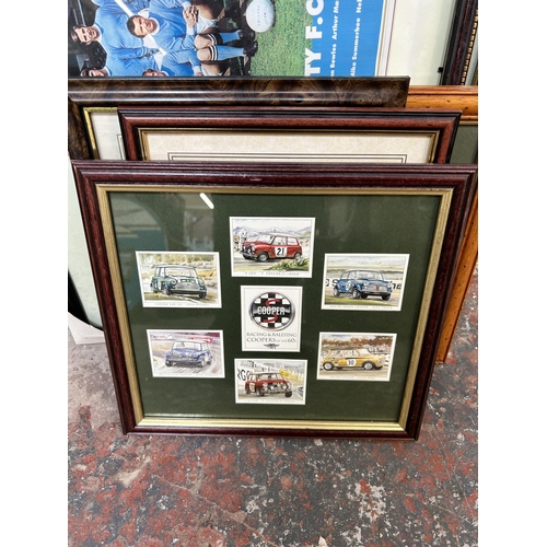 271 - Ten framed pictures and prints to include Mini Cooper, Manchester City, Stephen Grayford pencil sign... 