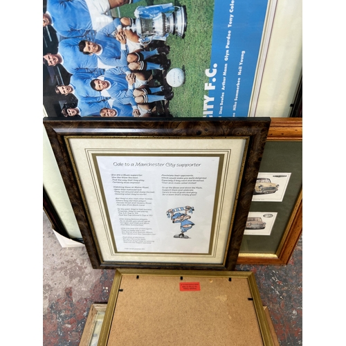 271 - Ten framed pictures and prints to include Mini Cooper, Manchester City, Stephen Grayford pencil sign... 